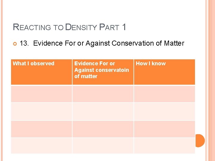 REACTING TO DENSITY PART 1 13. Evidence For or Against Conservation of Matter What