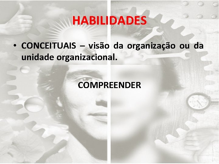 HABILIDADES • CONCEITUAIS – visão da organização ou da unidade organizacional. COMPREENDER 