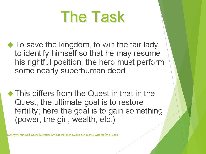 The Task To save the kingdom, to win the fair lady, to identify himself