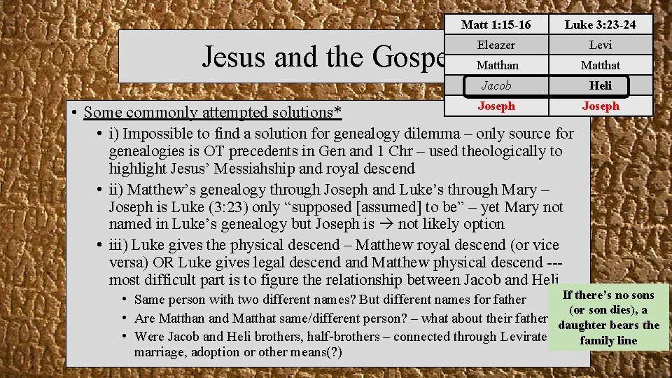 Matt 1: 15 -16 Luke 3: 23 -24 Eleazer Levi Jesus and the Gospels