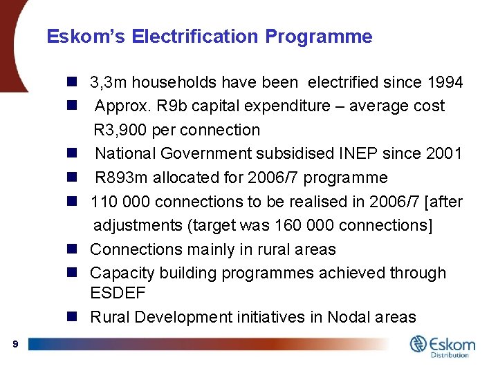 Eskom’s Electrification Programme n 3, 3 m households have been electrified since 1994 n