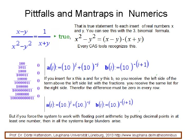 Pittfalls and Mantraps in Numerics Prof. Dr. Dörte Haftendorn, Leuphana Universität Lüneburg, 2013 http: