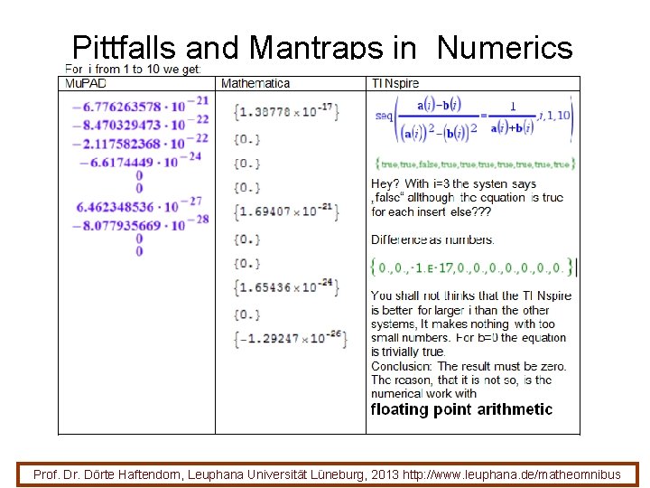 Pittfalls and Mantraps in Numerics Prof. Dr. Dörte Haftendorn, Leuphana Universität Lüneburg, 2013 http: