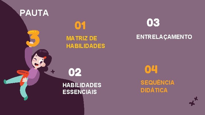 PAUTA 01 MATRIZ DE HABILIDADES 02 HABILIDADES ESSENCIAIS 03 ENTRELAÇAMENTO 04 SEQUÊNCIA DIDÁTICA 