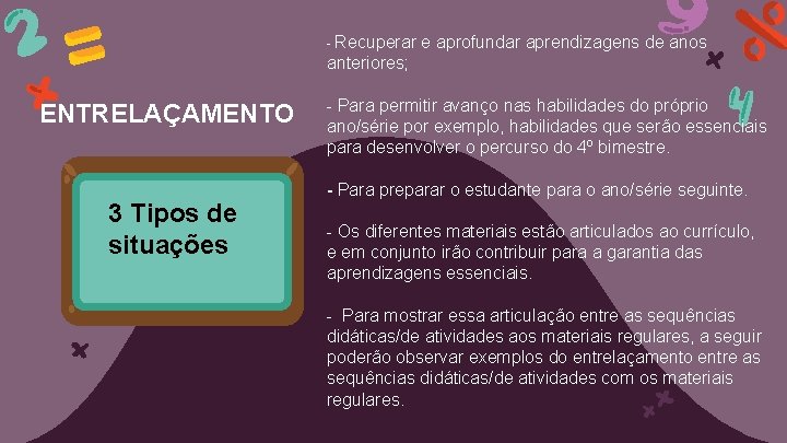 - Recuperar e aprofundar aprendizagens de anos anteriores; ENTRELAÇAMENTO 3 Tipos de situações -