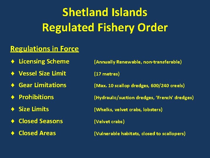 Shetland Islands Regulated Fishery Order Regulations in Force Licensing Scheme (Annually Renewable, non-transferable) Vessel