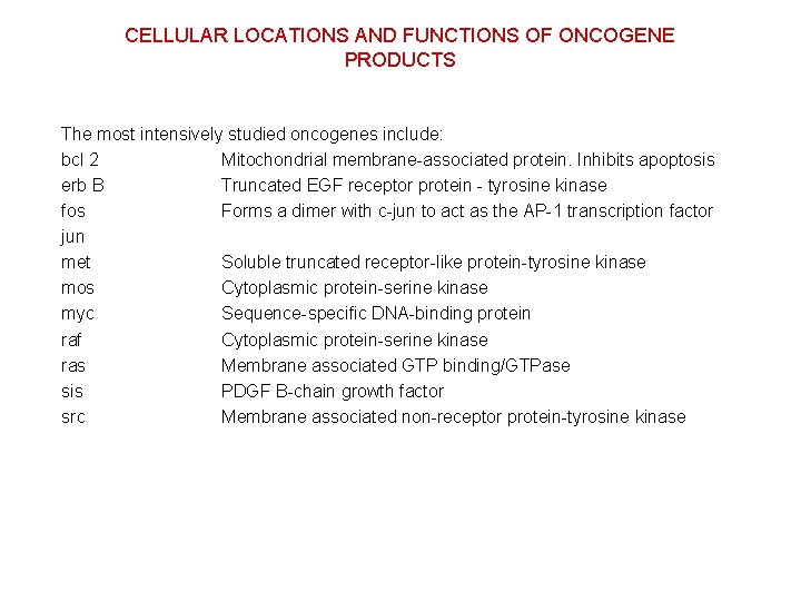 CELLULAR LOCATIONS AND FUNCTIONS OF ONCOGENE PRODUCTS The most intensively studied oncogenes include: bcl