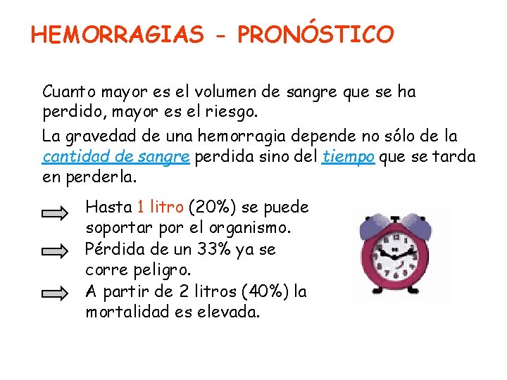 HEMORRAGIAS - PRONÓSTICO Cuanto mayor es el volumen de sangre que se ha perdido,