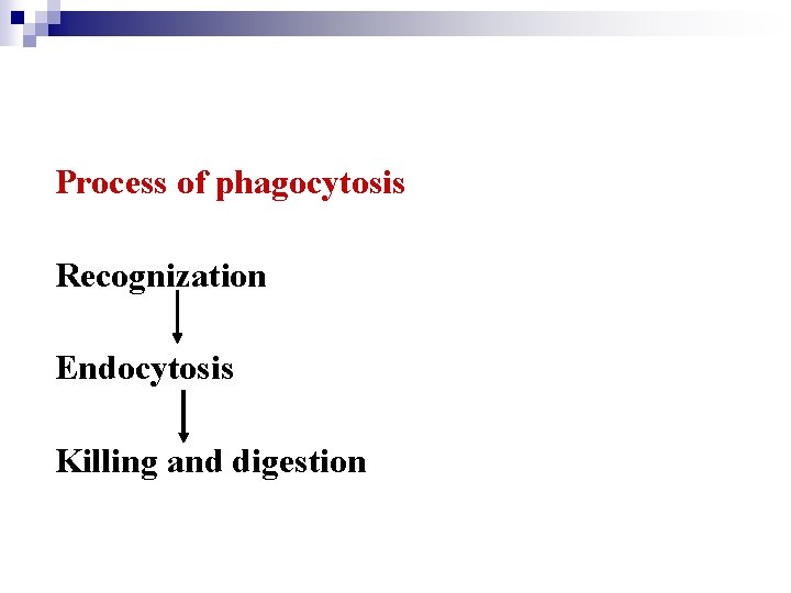 Process of phagocytosis Recognization Endocytosis Killing and digestion 