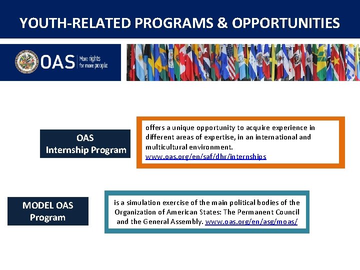 YOUTH-RELATED PROGRAMS & OPPORTUNITIES OAS Internship Program MODEL OAS Program offers a unique opportunity