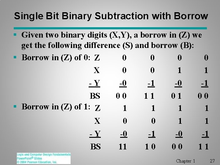 Single Bit Binary Subtraction with Borrow § Given two binary digits (X, Y), a Single Bit Binary Subtraction with Borrow § Given two binary digits (X, Y), a