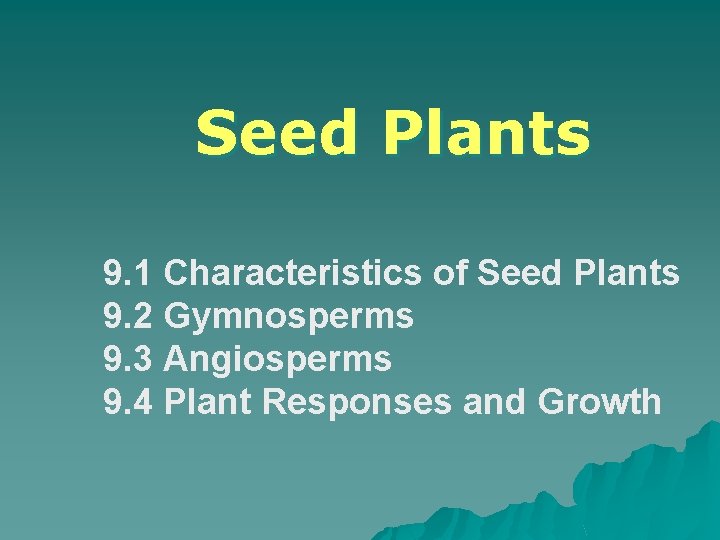Seed Plants 9. 1 Characteristics of Seed Plants 9. 2 Gymnosperms 9. 3 Angiosperms