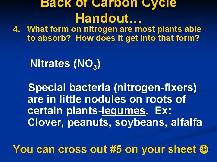 Back of Carbon Cycle Handout… 4. What form on nitrogen are most plants able