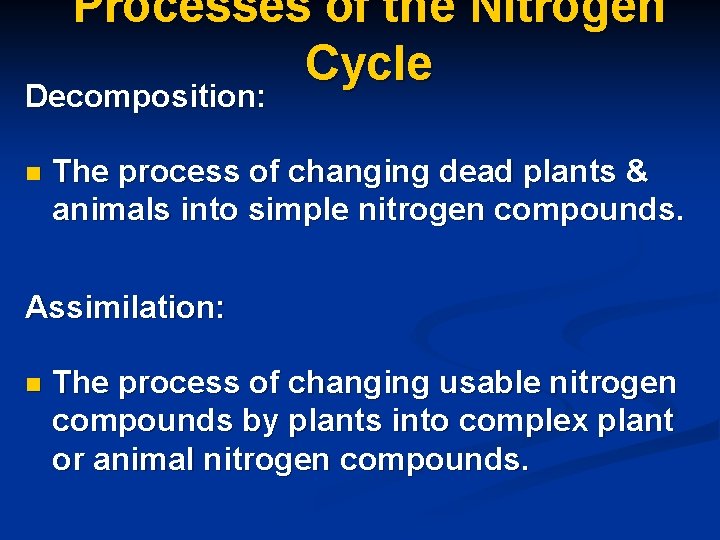 Processes of the Nitrogen Cycle Decomposition: n The process of changing dead plants &