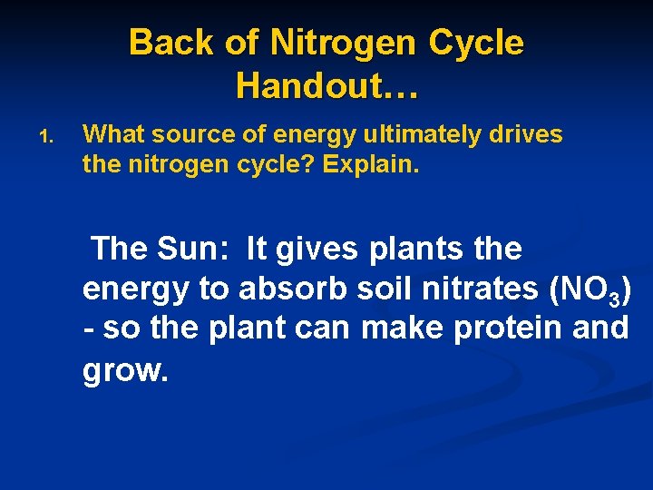 Back of Nitrogen Cycle Handout… 1. What source of energy ultimately drives the nitrogen