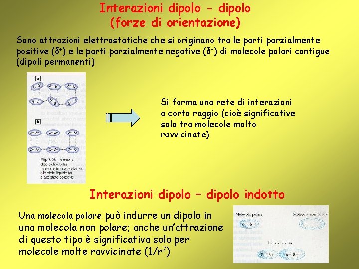 Interazioni dipolo - dipolo (forze di orientazione) Sono attrazioni elettrostatiche si originano tra le