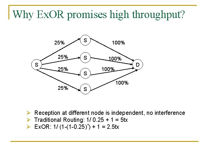 Why Ex. OR promises high throughput? 25% 25% S S S 100% D 100%