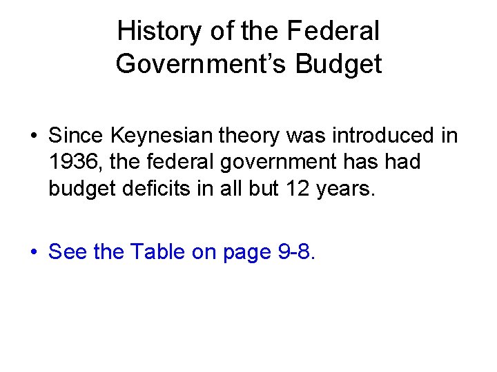 History of the Federal Government’s Budget • Since Keynesian theory was introduced in 1936,