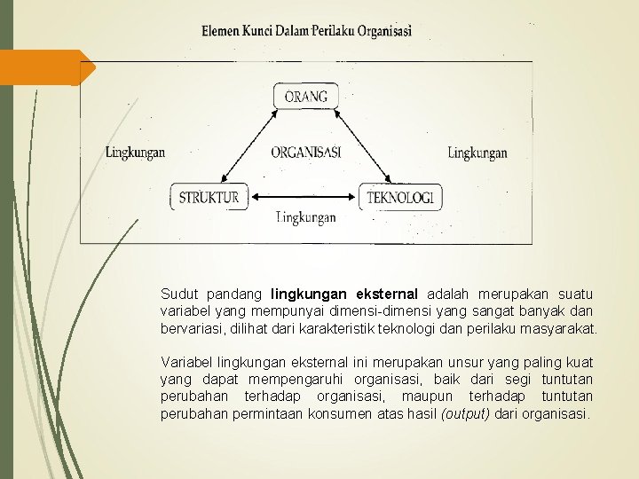 Sudut pandang lingkungan eksternal adalah merupakan suatu variabel yang mempunyai dimensi-dimensi yang sangat banyak