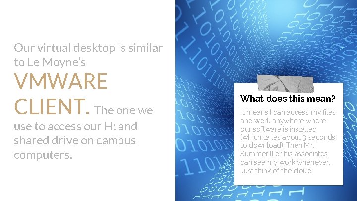 Our virtual desktop is similar to Le Moyne’s VMWARE CLIENT. The one we use