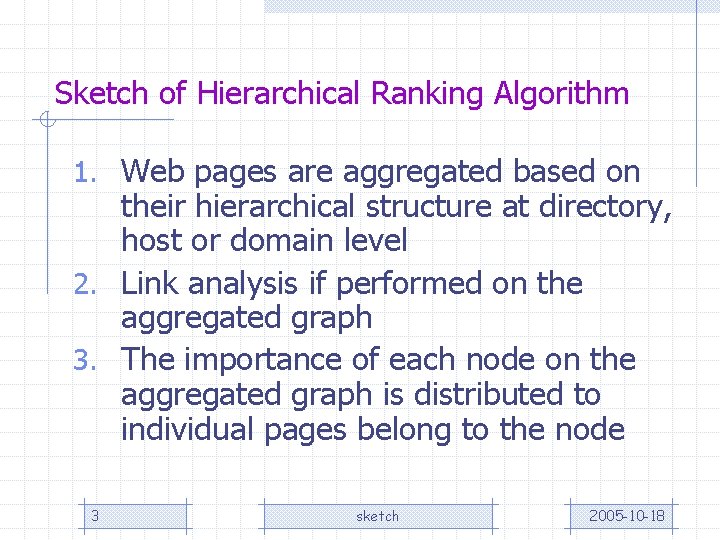 Sketch of Hierarchical Ranking Algorithm 1. Web pages are aggregated based on their hierarchical