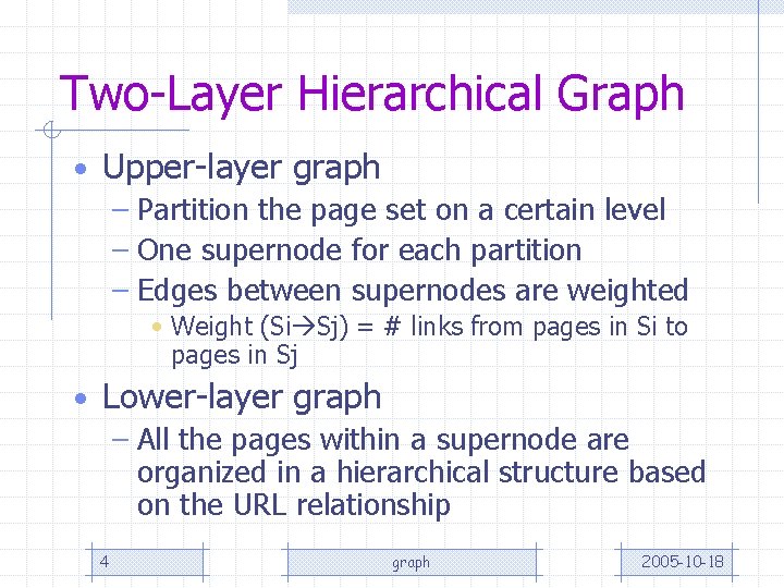 Two-Layer Hierarchical Graph • Upper-layer graph – Partition the page set on a certain