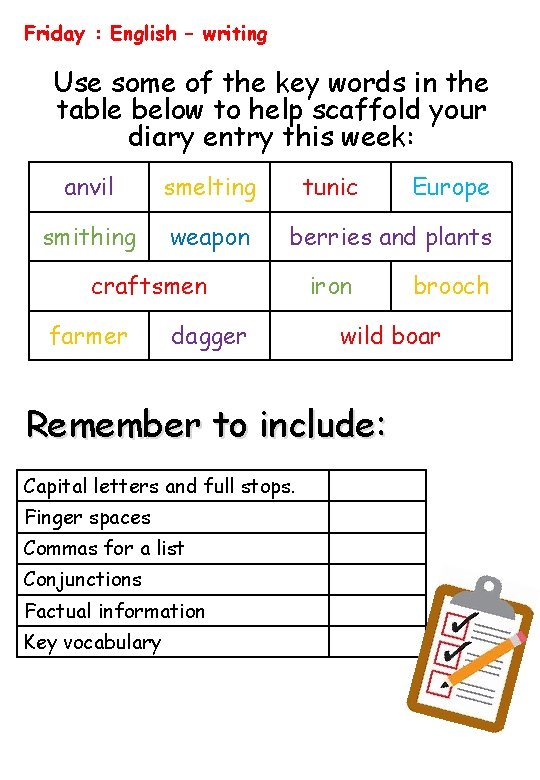 Friday : English – writing Use some of the key words in the table