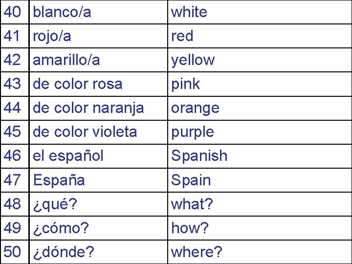 40 blanco/a white 41 rojo/a red 42 amarillo/a yellow 43 de color rosa pink