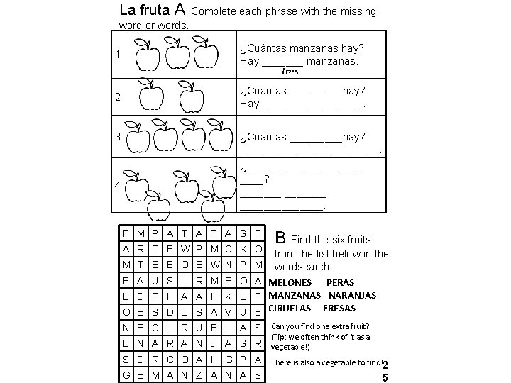 La fruta A Complete each phrase with the missing word or words. 1 ¿Cuántas