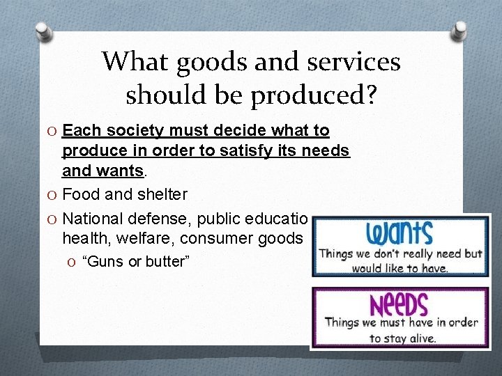 What goods and services should be produced? O Each society must decide what to