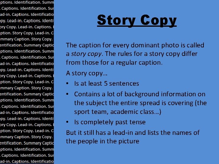 Story Copy The caption for every dominant photo is called a story copy. The