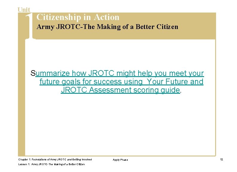 1 Unit Citizenship in Action Army JROTC-The Making of a Better Citizen Summarize how