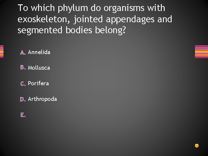 To which phylum do organisms with exoskeleton, jointed appendages and segmented bodies belong? A.