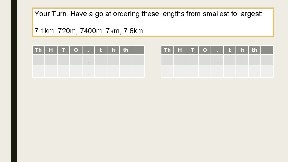 Your Turn. Have a go at ordering these lengths from smallest to largest: 7. Your Turn. Have a go at ordering these lengths from smallest to largest: 7.