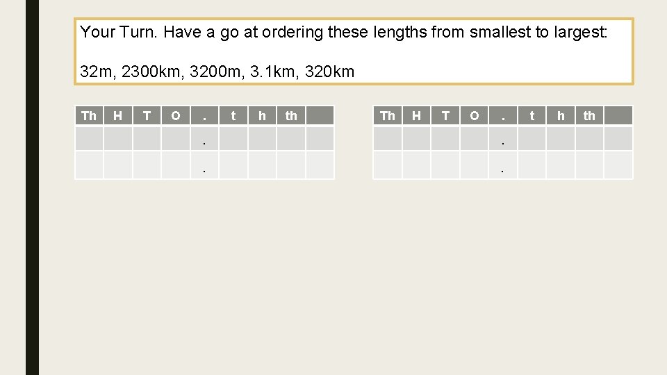 Your Turn. Have a go at ordering these lengths from smallest to largest: 32 Your Turn. Have a go at ordering these lengths from smallest to largest: 32