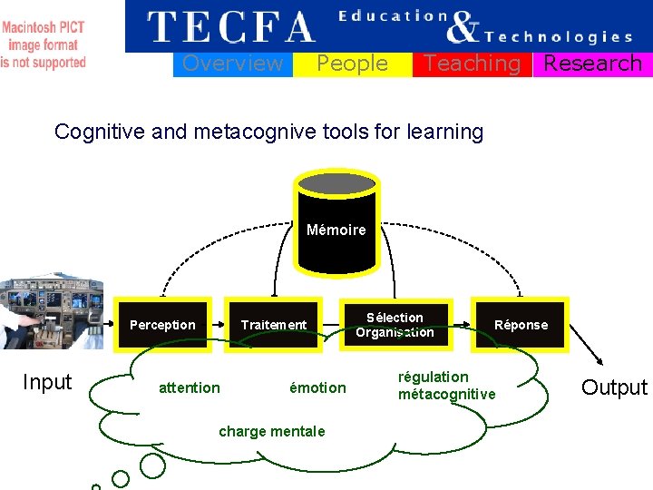 Overview People Teaching Research Cognitive and metacognive tools for learning Mémoire Perception Input Traitement