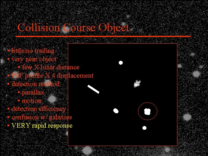 Collision Course Object • little/no trailing • very near object • few X lunar
