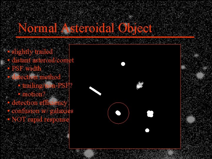 Normal Asteroidal Object • slightly trailed • distant asteroid/comet • PSF width • detection