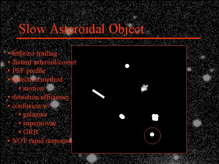Slow Asteroidal Object • little/no trailing • distant asteroid/comet • PSF profile • detection