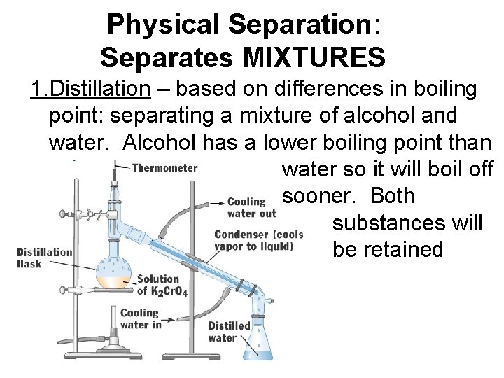 Physical Separation: Separates MIXTURES 1. Distillation – based on differences in boiling point: separating