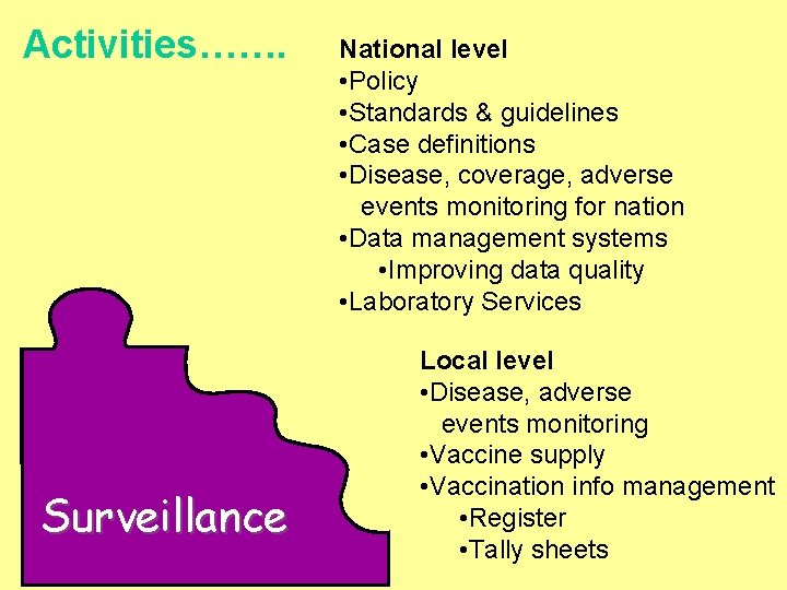 Activities……. Surveillance National level • Policy • Standards & guidelines • Case definitions •