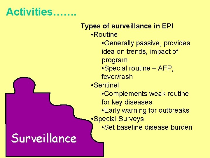 Activities……. Surveillance Types of surveillance in EPI • Routine • Generally passive, provides idea