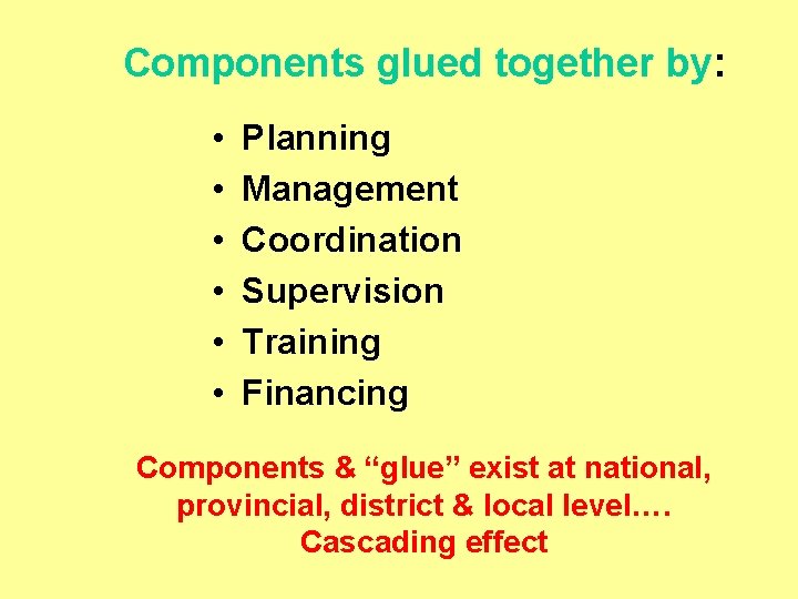 Components glued together by: • • • Planning Management Coordination Supervision Training Financing Components