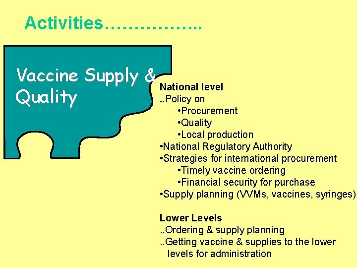 Activities……………. . Vaccine Supply & National level. . Policy on Quality • Procurement •