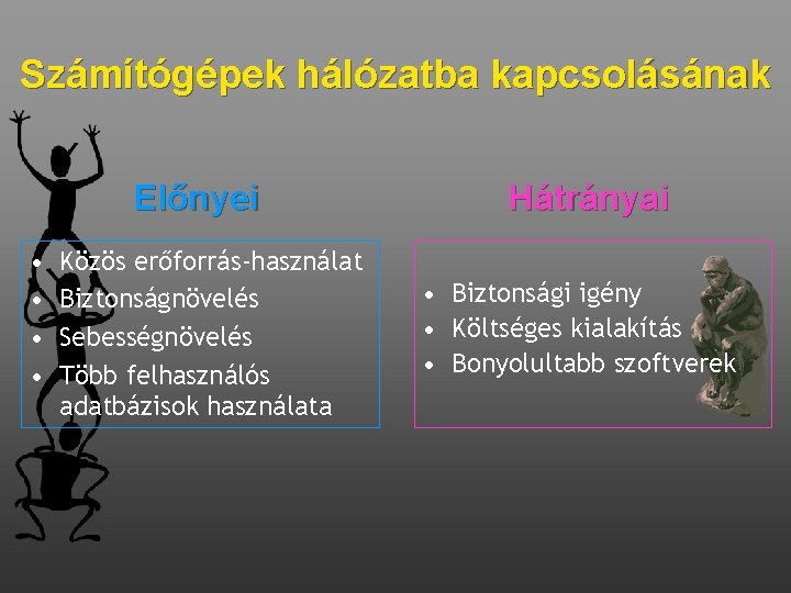 Számítógépek hálózatba kapcsolásának Előnyei • • Közös erőforrás-használat Biztonságnövelés Sebességnövelés Több felhasználós adatbázisok használata