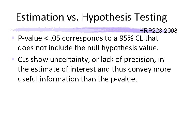 Estimation vs. Hypothesis Testing HRP 223 2008 § P-value <. 05 corresponds to a