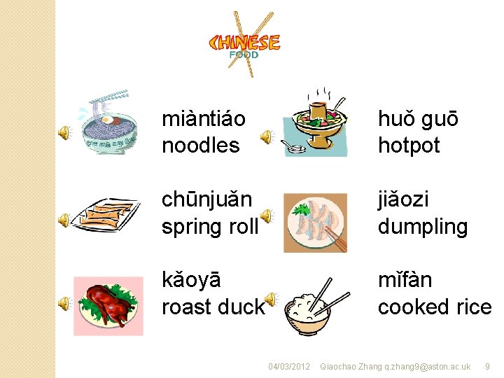 miàntiáo noodles huǒ guō hotpot chūnjuǎn spring roll jiǎozi dumpling kǎoyā roast duck mǐfàn