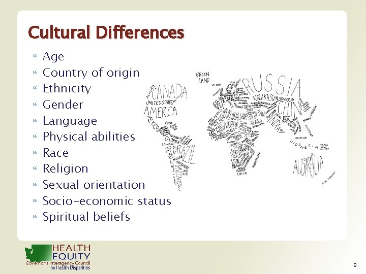 Cultural Differences Age Country of origin Ethnicity Gender Language Physical abilities Race Religion Sexual