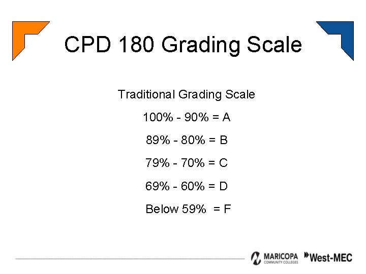 CPD 180 Grading Scale Traditional Grading Scale 100% - 90% = A 89% -