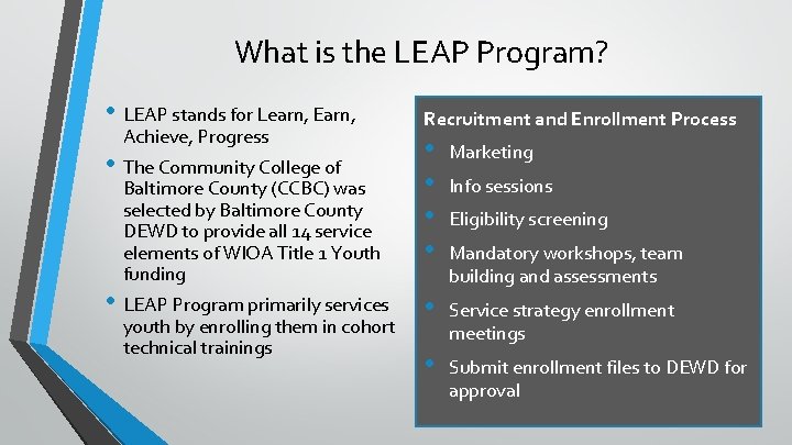 What is the LEAP Program? • LEAP stands for Learn, Earn, Achieve, Progress •